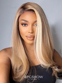 Shoulder Length Side Part Sandy Blonde with Highlights Human Hair Lace Front Wigs - raissaorock001 Blonde Hair Color Ideas Black Women, Highlights Side Part, Shoulder Length Side Part, Side Part Lace Front Wig, Blonde With Highlights, 16 Inch Hair, Human Hair Lace Front Wigs, Perfect Aesthetic, Sandy Blonde