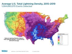 a map shows the average u s total lightning density, 2013 - 2019