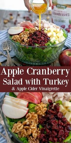 an apple cranberry salad with turkey and apple cider vinaigreate