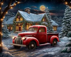 an old red truck parked in front of a christmas house