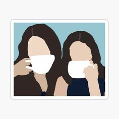 two women with masks on their faces drinking coffee from mugs sticker / decal