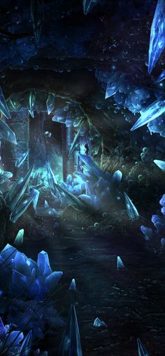 an artistic scene with blue crystals and water