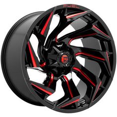 a black wheel with red accents on the rim and spokes is shown in this image