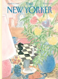 the new yorker magazine cover with flowers in vases and chess board on table