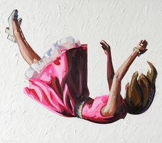 a painting of a woman laying down on her stomach wearing a pink dress and high heeled shoes