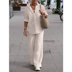 Season:Summer,Spring; Fabric:Linen; Sleeve Length:Long Sleeve,Long Pant; Gender:Women's; Nightwear Style:Loungewear,Sets; Style:Casual,Comfort,Simple; Elasticity:Micro-elastic; Tops Type:Shirt; Occasion:Going out,Home,Daily,Street; Age Group:Adults; Function:Breathable; Pattern:Pure Color; Design:Buttons; Neckline:Lapel; Bottom Type:Pant; Listing Date:05/03/2023; Hips:; Length:; Length [Bottom]:; Waist:; Bust:; Sleeve Length: Wide Leg Pant Suit, Jeans Overall, Stylish Summer Outfits, Shirt Pant Set, Wide Trousers, Two Piece Pants Set, Maxi Robes, Linen Set, Loose Outfit