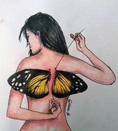 a drawing of a woman with a butterfly on her chest