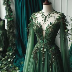 Fantasy Wedding Guest Dress, Green Witch Wedding Dress, Green Fairy Ball Gown, Forest Fairy Gown, Dark Green Fairy Prom Dress, Elf Ball Gown, Cottagecore Wedding Dress Green, Emerald Green Fairy Dress