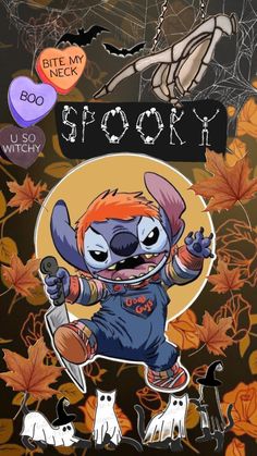 a cartoon character with an orange hair and blue eyes holding a knife in front of a halloween background