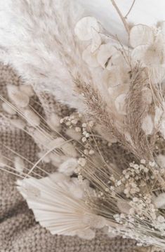 dried flowers and feathers on a blanket