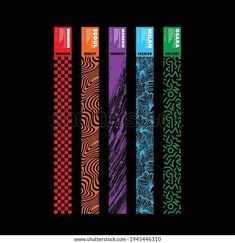 four colorful vertical lines with different patterns on black background