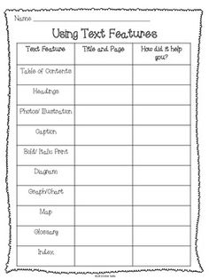 a worksheet for using text features to help students learn how to use them