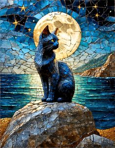 a black cat sitting on top of a rock next to the ocean under a full moon