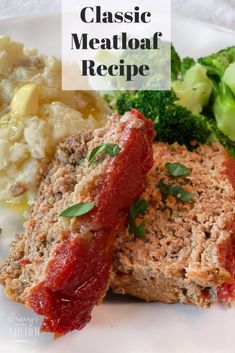 the meatloaf is cut in half and served with broccoli on the side