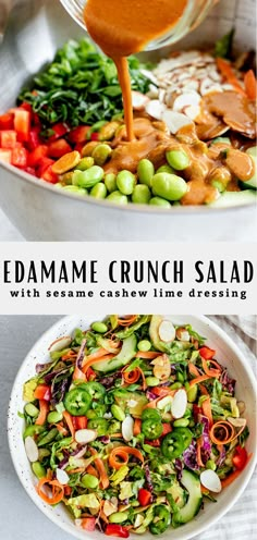 This edamame crunch salad is loaded with fresh crunchy veggies, edamame and the most delicious sesame cashew lime dressing. They're vegan and gluten-free, and perfect for a healthy lunch or dinner! Supper Sides, Crunchy Veggies, Crunch Salad, Salad Pasta, Vegetarian Salads, Hearty Salads, Healthier Food, Think Food