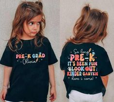 two girls wearing t - shirts with the words pre k grad and it's been fun to look out