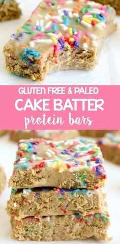 gluten free and paleo cake batter protein bars with sprinkles