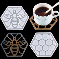 three honeycomb coasters with a cup of coffee and a spoon in them, on a black background