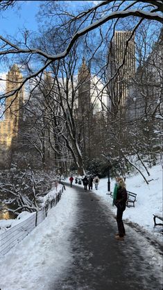 people walking in the snow along a path with benches and trees on either side of it