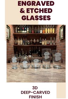 an advertisement for a glass shop with glasses on the counter and bottles in the background