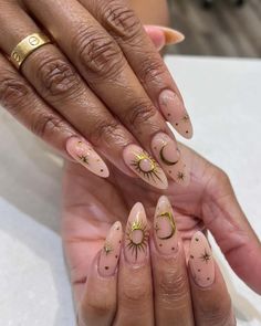 Experience the transformation of nails into a celestial canvas, adorned with golden suns, moons, and stars that add an astral elegance. Embrace this unique springtime aesthetic and click to explore more.via@polished_dtla Long Nail Trends, Unusual Nail Designs, Sun Nails, Cartoons Movies, Moon Nails, Long Nail, Soft Nails, Star Nails, Nails Desing