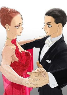 a man in a tuxedo and woman in a red dress are touching hands