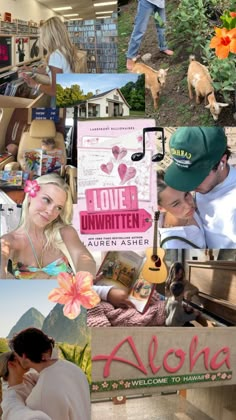 collage of photos with people and animals in the background, including an advertisement for aloha