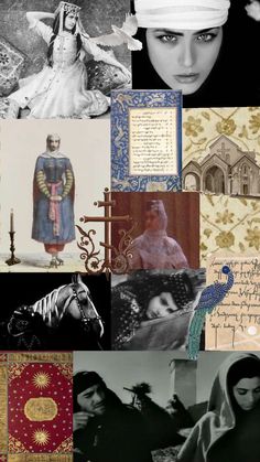 a collage with many different pictures and words on it, including an image of a woman wearing a headscarf