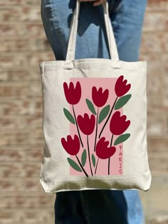 Stamped Canvas Bags, Easy Tote Bag Design, Scrap Tote Bag, Daily Use Flower-shaped Bag With Removable Pouch, Daily Use Flower-shaped Bags With Removable Pouch, Red Floral Print Tote Bag, Red Floral Print Bags For Daily Use, Pink Tote Bag For Mother's Day, Daily Use Red Floral Print Bags