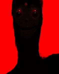 a creepy looking person with red eyes and dark skin, standing in front of a red background