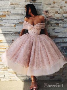 Sparkly Pink Tea Length Prom Dresses Off the Shoulder Prom Dress ARD2088-SheerGirl Fancy Ball Gowns, Off The Shoulder Homecoming Dress, Tea Length Prom Dress, Prom Dresses Off The Shoulder, Homecoming Dresses Sparkly, Fancy Ball, Formal Ball Gown, Pink Homecoming Dress, Pink Tea