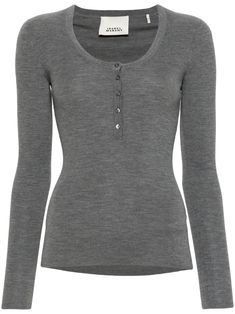 Find ISABEL MARANT Estine Sweater on Editorialist. medium grey merino wool blend ribbed knit U-neck long sleeves straight hem front button placket Isabel Marant Sweater, Winter Wishlist, Body Suits, Chic Tops, Super Nails, Yoko London, City Dress, Sweater Grey, Tomb Raider