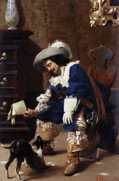 a painting of a man with a dog looking at something in front of his face