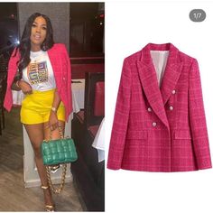 Double Breast Formal Pink Tweed Blazer, Pink Tweed Jacket For Office, Pink Tweed Office Jacket, Pink Tailored Tweed Jacket For Fall, Chic Pink Tweed Blazer, Spring Chic Double-breasted Tweed Jacket, Chic Plaid Tweed Blazer, Long Sleeve Tweed Jacket, Pink Single Breasted Tweed Jacket For Fall