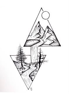 a drawing of mountains and trees with a river in the middle is shown on a piece of paper