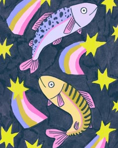 two fish are swimming in the water surrounded by yellow and pink stars on a black background