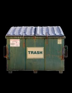 an old green trash can with the word trash on it's side and blue stripes