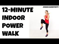 a woman in red shirt and black leggings standing on one leg with the words 2 - minute indoor power walk