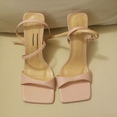 Baby Doll Pink Square Toe Strap Around Ankle, Brand New Cute Ankle Strap Sandals For Party, Cute Pink Ankle Strap Sandals, Cute Sandals For Spring Parties, Cute Pink High Heel Sandals, Blush Open Toe Heels For Summer, Cute High Heel Sandals For Summer, Cute Ankle Strap Heels For Spring, Blush Ankle Strap Heels For Summer, Cute Summer Open Toe Heels