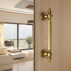 an open door with a handle on it in front of a living room and patio