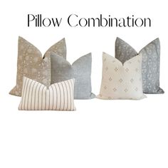 four pillows with different colors and patterns on them, the pillow is shown in three different sizes