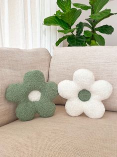 two green and white flowers sitting on top of a couch next to a potted plant