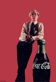 an old man standing next to a coca - cola bottle in front of a red background