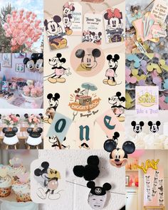 a collage of mickey mouse images and other items for a birthday party or baby's first birthday