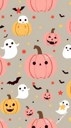 halloween pumpkins with ghost faces and stars on a gray background for wallpaper or fabric