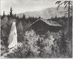 a drawing of a woman standing in front of a cabin on a hill with trees