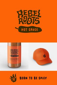 an orange hat, hot sauce bottle and cap are on the same page in this advertisement