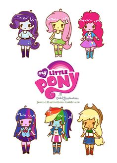 the little pony movie poster is shown in various colors and sizes, including girls with pink hair