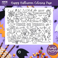 happy halloween coloring page for kids with pumpkins, bats and other decorations on purple background