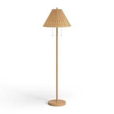 a wooden floor lamp with a beige shade on the base and a light bulb at the top